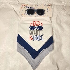 Baby Bibs and Sunglasses 4 Pc Set Red White & Dude Patriotic USA Gift Set NWT